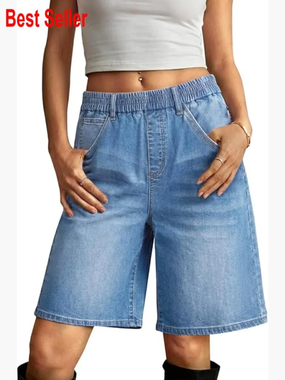 Cotton Denim Bermuda Jean Shorts Elastic Waisted Baggy Knee Length